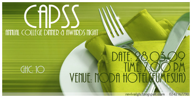 The matching ticket for the same dinner, landscape and built from a close-up of a fork and knife laid across folded green napkins on a white plate: the CAPSS mark and the strapline &ldquo;ANNUAL COLLEGE DINNER & AWARDS NIGHT&rdquo; sit at the top left over the same olive damask and white-band system, GHC 10 is printed at the foot of that corner, and the date, time and venue repeat the poster at the right &mdash; 28.03.09, 7:00 PM, Noda Hotel (Fumesua) &mdash; with the studio&rsquo;s blog address and number along the bottom edge.
