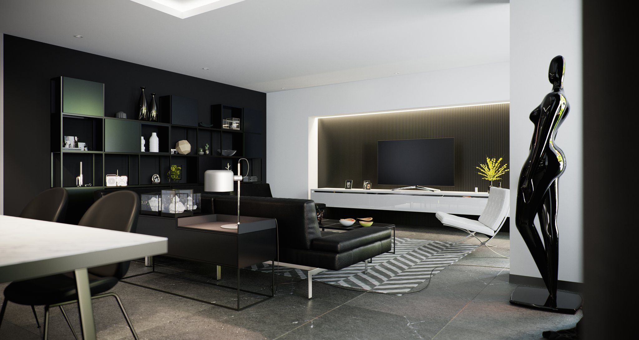 Tower Cascades - Media lounge in black and white: a low black modular sofa on a grey chevron rug, full-height black open shelving at the left, and a backlit timber-slat media wall with a flat screen and a long white console at the right.