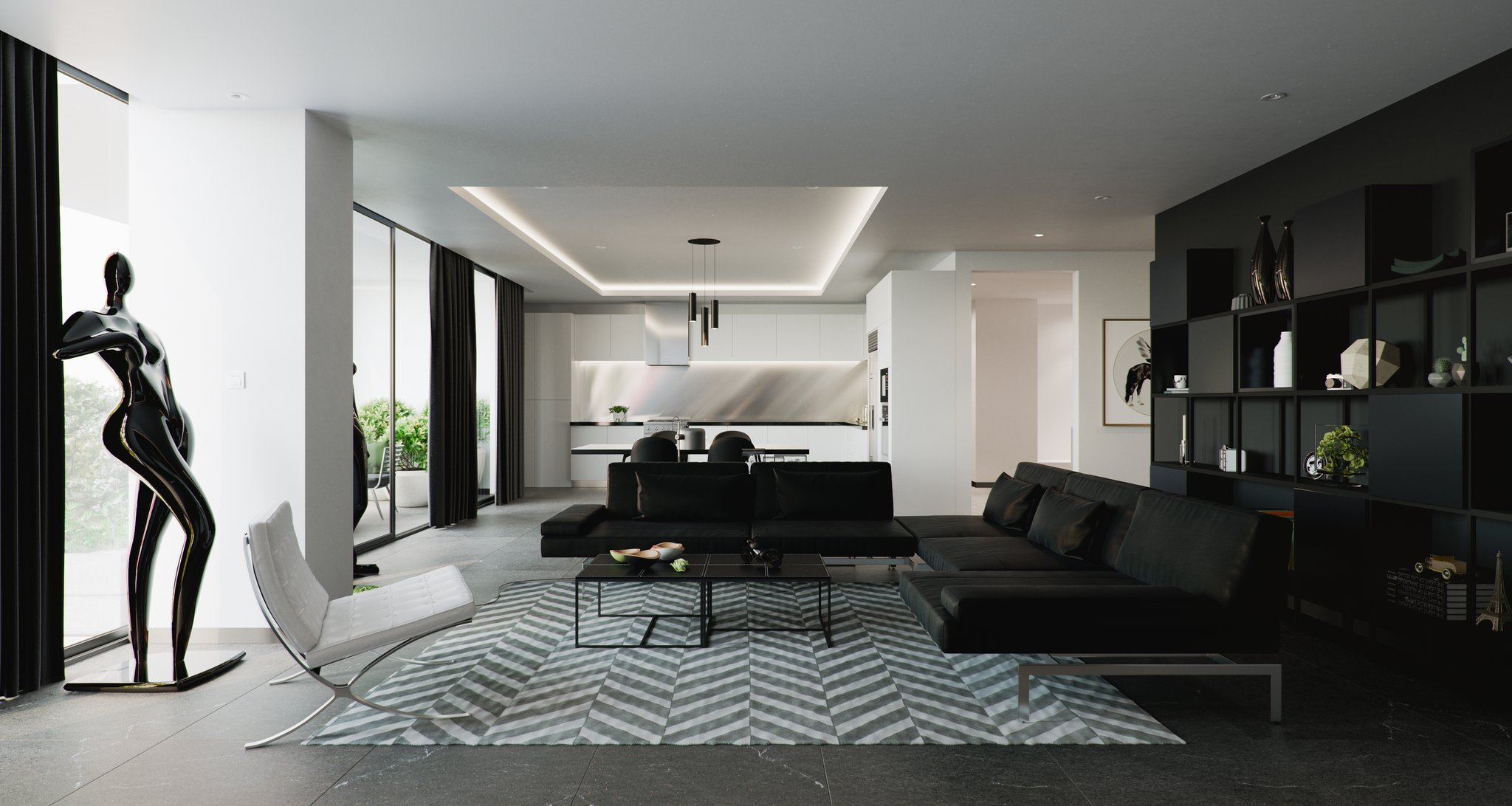 Tower Cascades - Living volume by day: a black sectional and low table on the chevron rug, the black figure by full-height glazing and dark curtains at the left, and the white open-plan kitchen with black counter and slim pendants beyond.