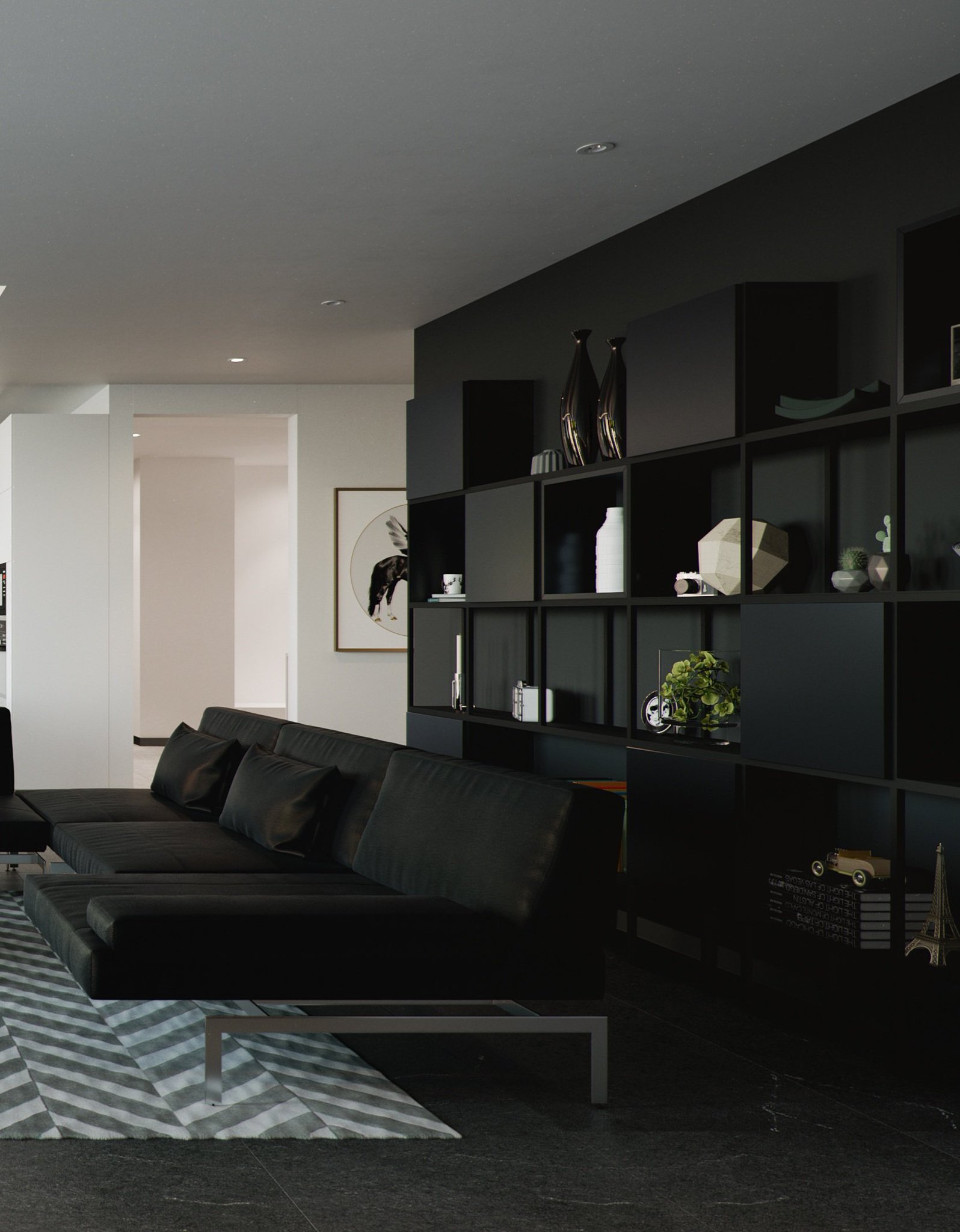 Tower Cascades - The near end of the black sectional on the chevron rug, with the black grid shelving behind it holding twin vases, a faceted glass object, a cactus, books and a model tower.