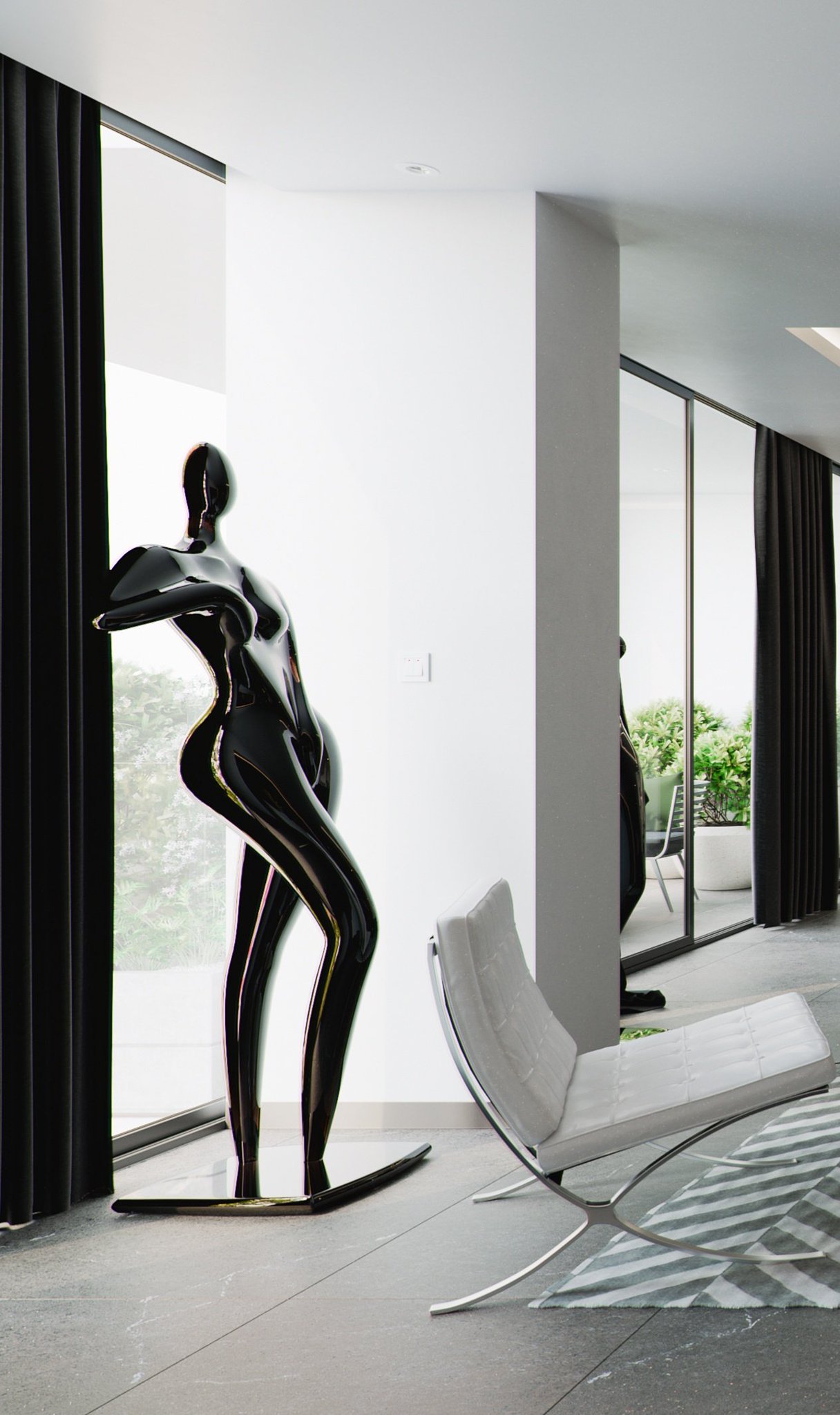 Tower Cascades - A full-height glossy black abstract figure on a low plinth between dark curtains and floor-to-ceiling glazing, a chrome-framed white lounge chair in the foreground and the balcony planting reflected in the glass behind.