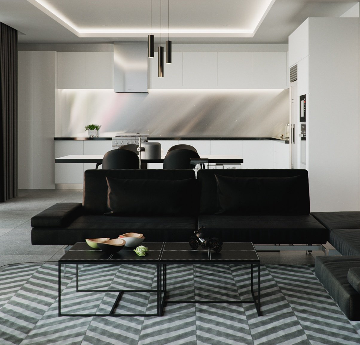 Tower Cascades - From behind the black sofa across a low black wire table with wooden bowls to the white open kitchen, its steel hood, three black pendants and a pair of black bar stools.