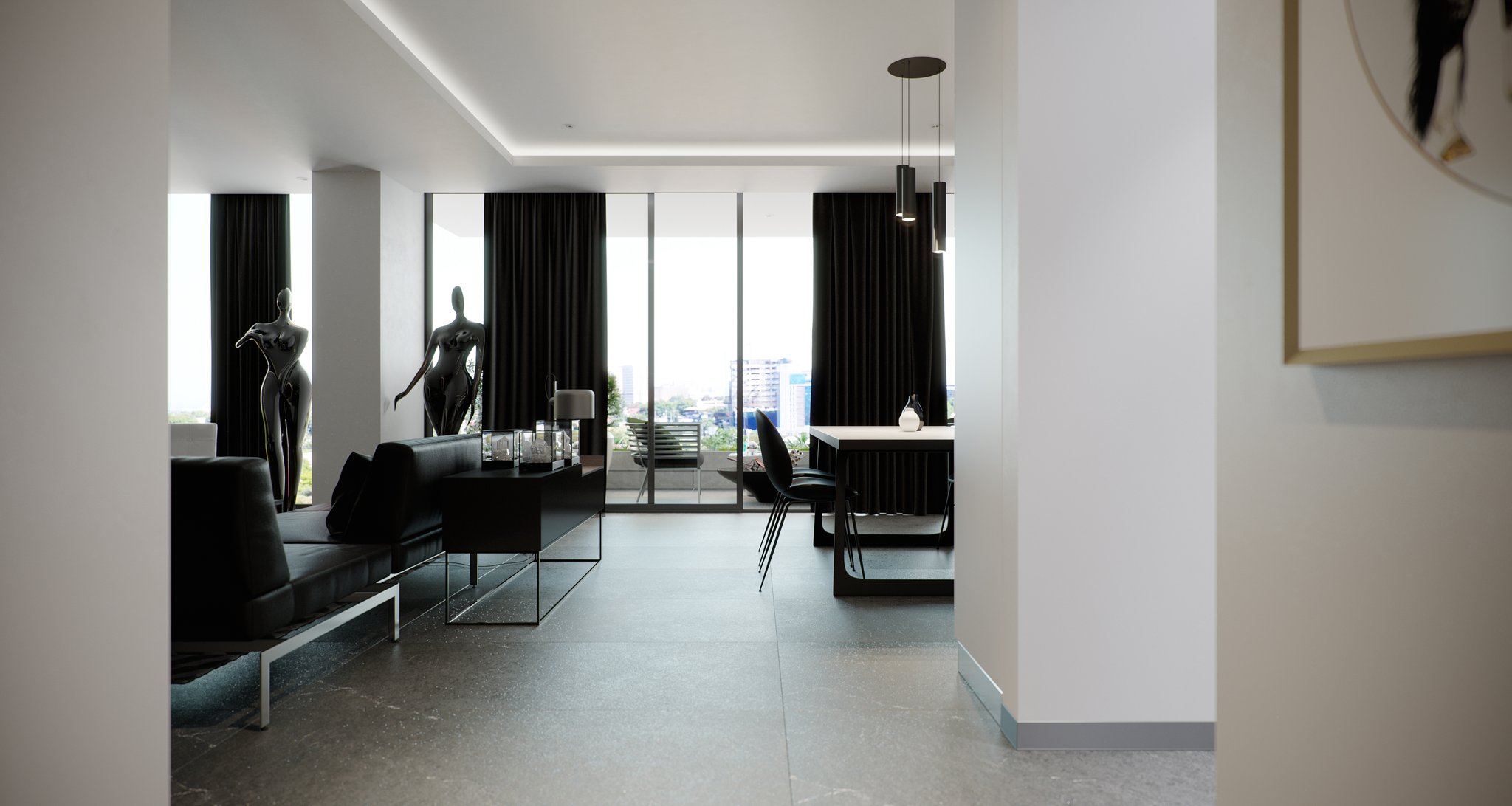 Tower Cascades - The living and dining volume framed through a white doorway: black sofas and two glossy figures at the windows on the left, a black console with glass display cases and a grey lamp, and the dining table under slim black pendants at the right.