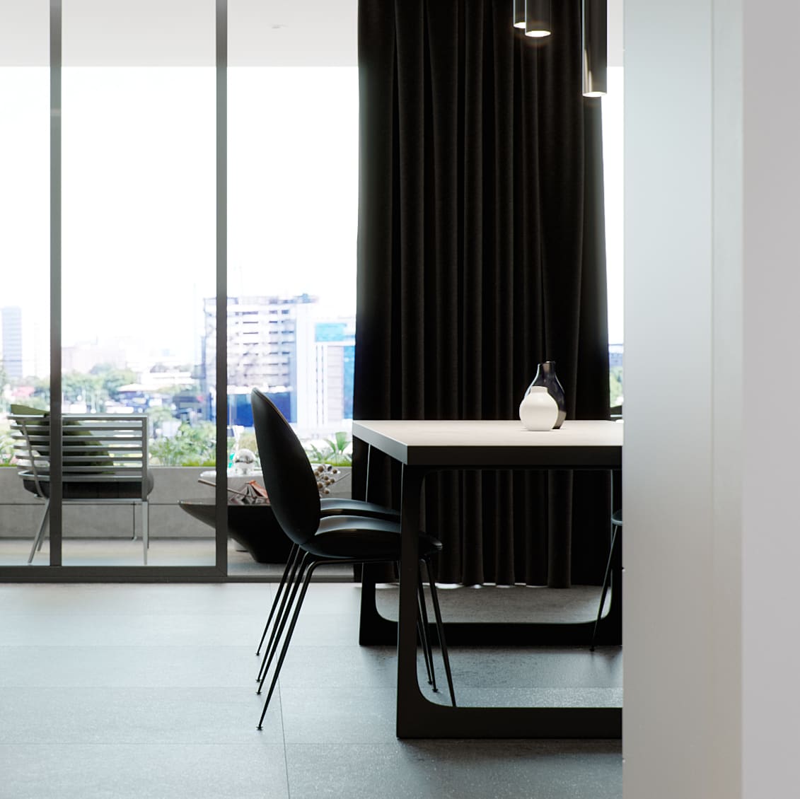 Tower Cascades - The dining end cropped square: a black table with a single black chair and a pair of small vases, full-height dark curtains behind, and the balcony's slatted chair through the glazing at the left.