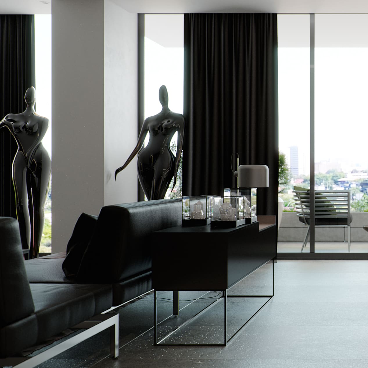 Tower Cascades - The living end cropped square: the back of a black sofa facing a low black console with glass display cases and a grey dome lamp, two glossy black figures standing at the curtained windows.
