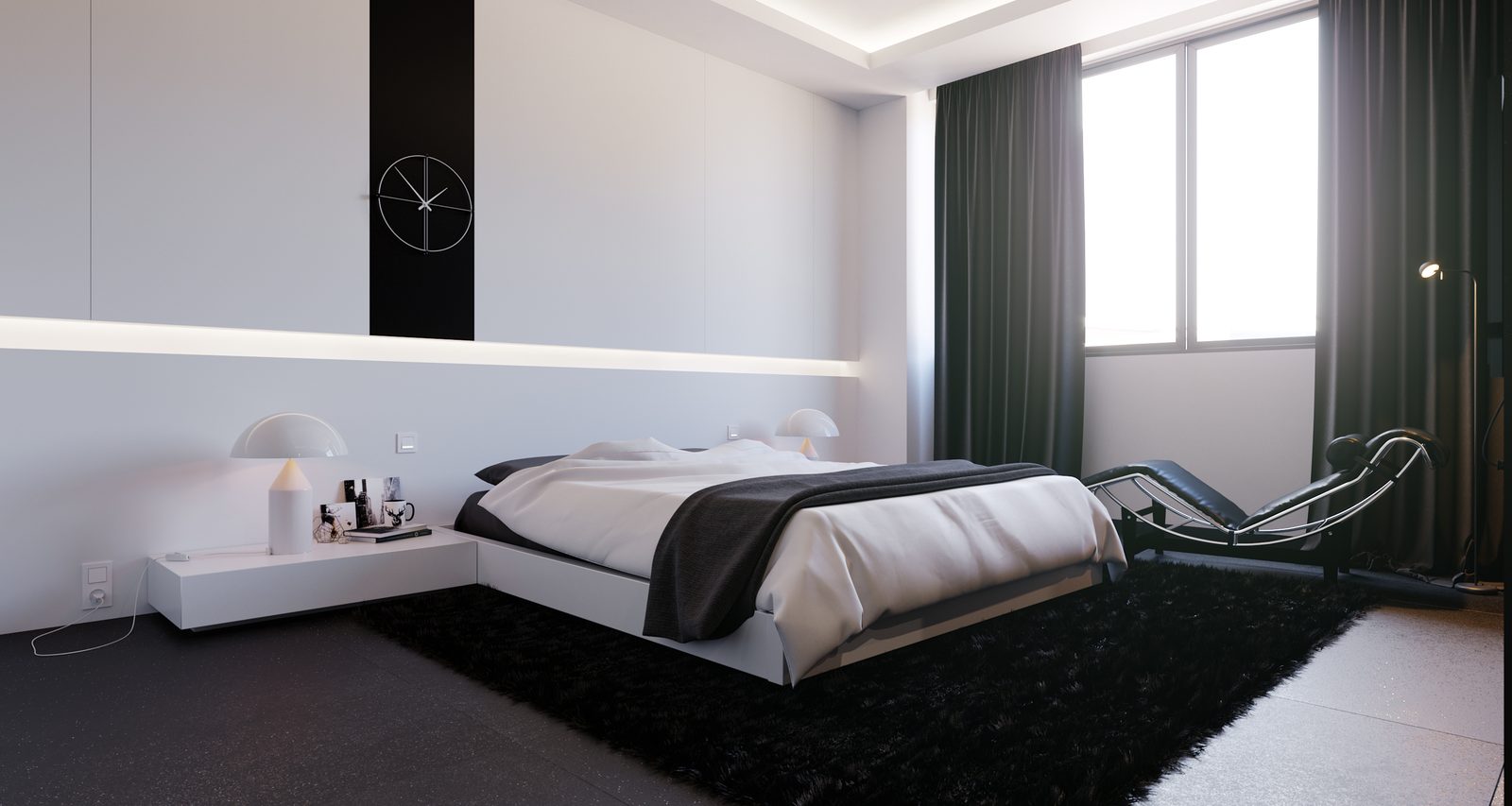 Tower Cascades - Master bedroom: a low white platform bed on a black shag rug, dark full-height curtains, a metal-framed chaise at the window, a white dome lamp on the floating nightstand and a wall clock on the pale feature panel.