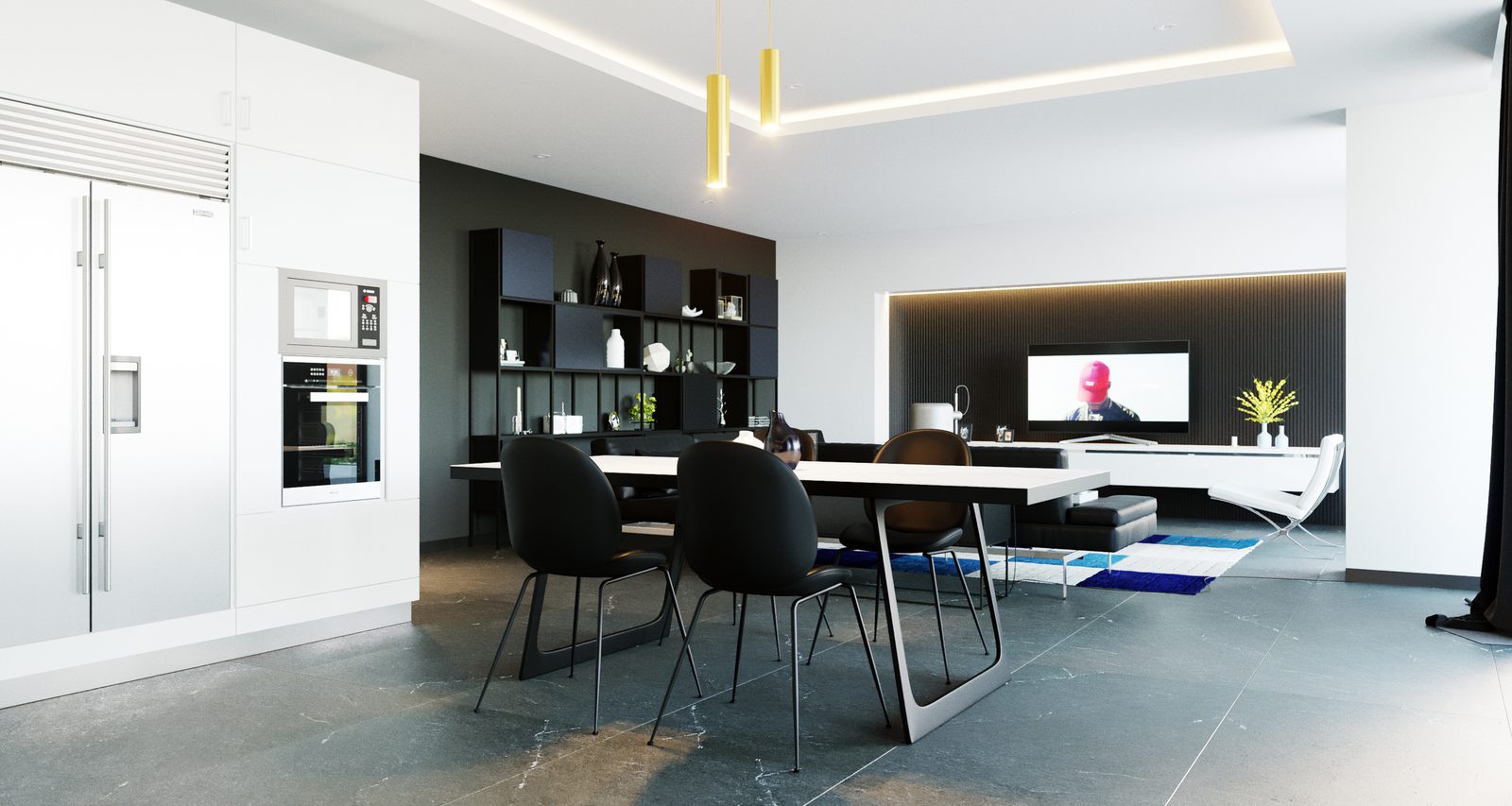 Tower Cascades - Dining side of the open-plan volume: glazed display cabinets and a stack of built-in ovens to the left, the table and screen wall beyond.