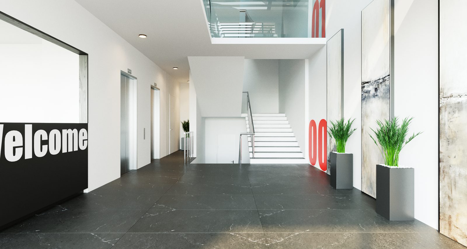 Tower Cascades - Ground-floor lobby: a black feature wall carrying large Welcome lettering, lift doors along the corridor, a staircase ahead and tall planters on the polished floor.