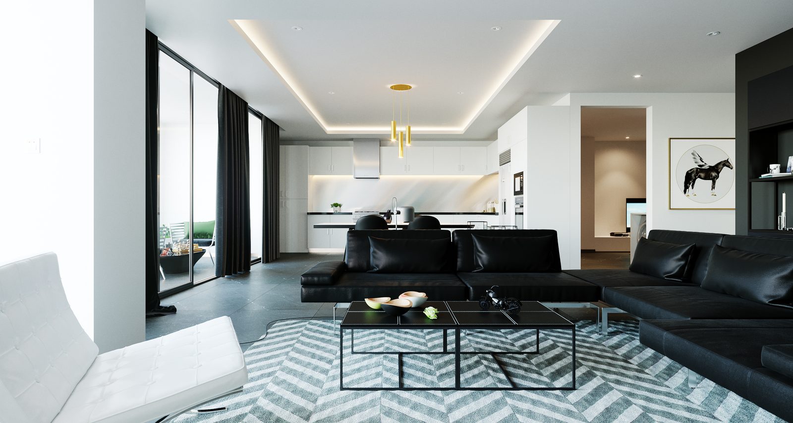 Tower Cascades - Living room: a black L-shaped sectional on a patterned rug with glass doors to the terrace, the kitchen run visible behind.