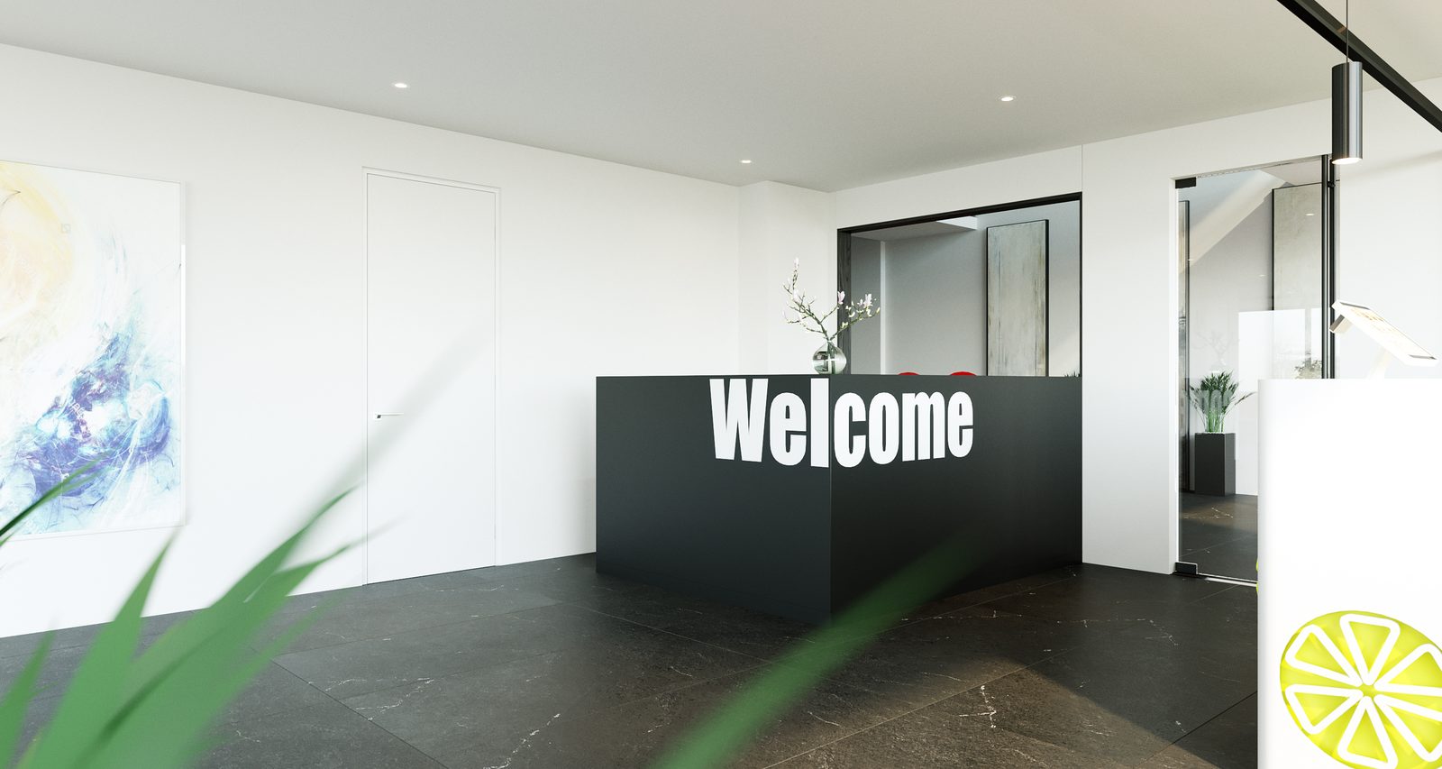 Tower Cascades - Reception seen past a planter: the black Welcome desk wall, a citrus-yellow graphic panel to the right and the lobby glazing beyond.
