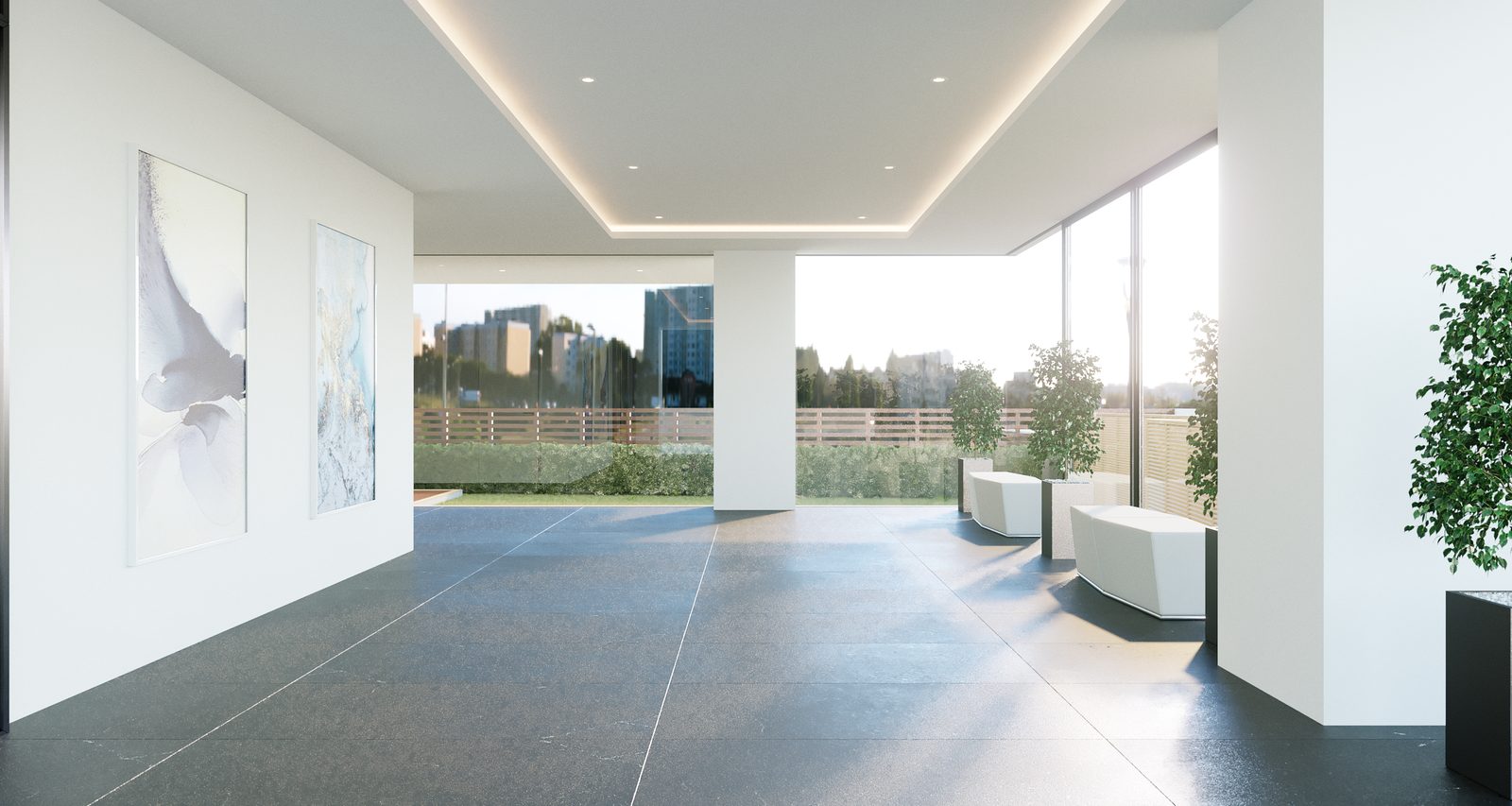 Tower Cascades - Roof-terrace lounge: open daybeds and planters along a glazed parapet, framed art on the white wall and the city skyline beyond.