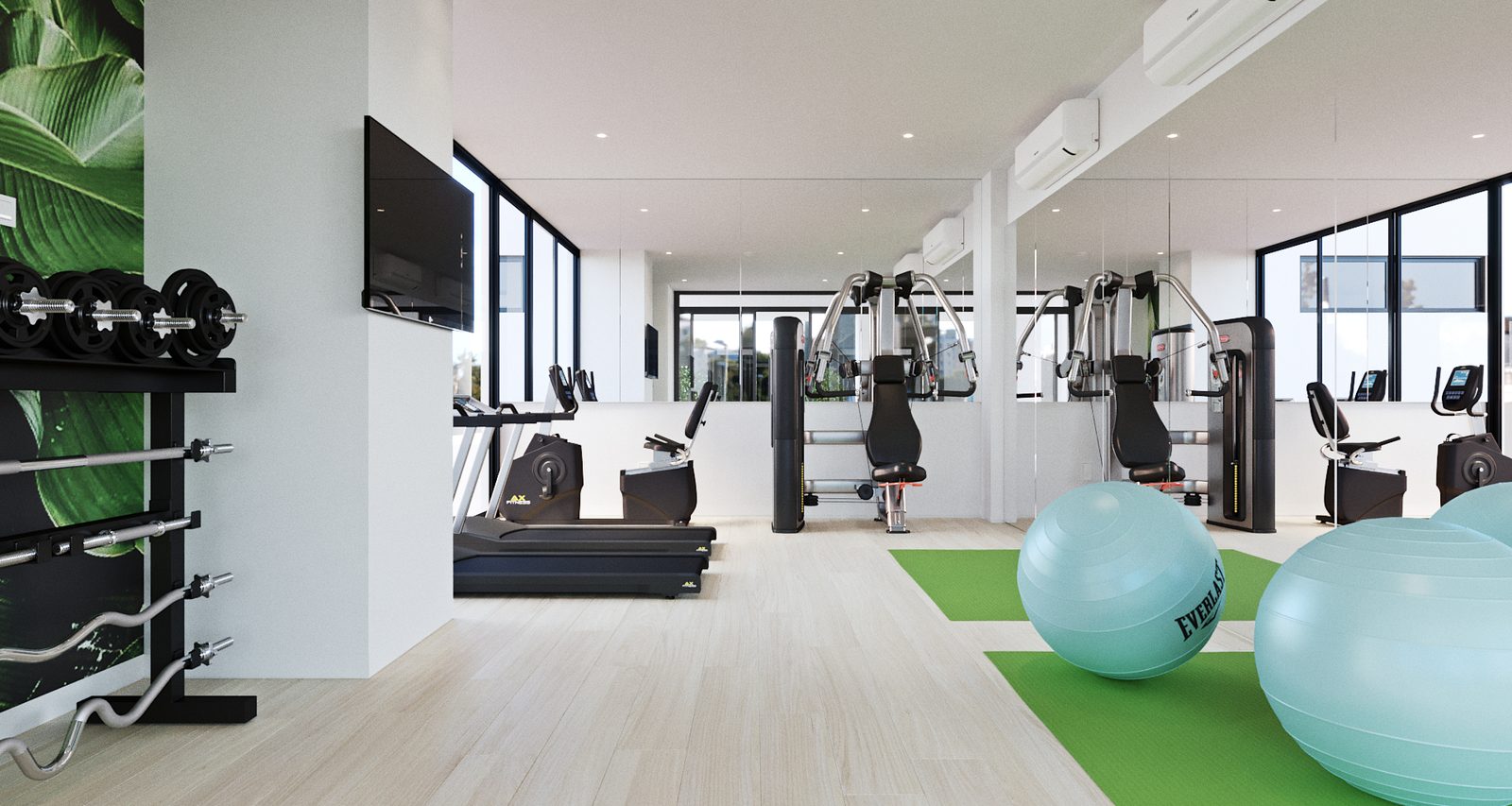 Tower Cascades - Fitness room: treadmills along the glazing, a weight rack and mirrors, and exercise balls on a strip of green turf.