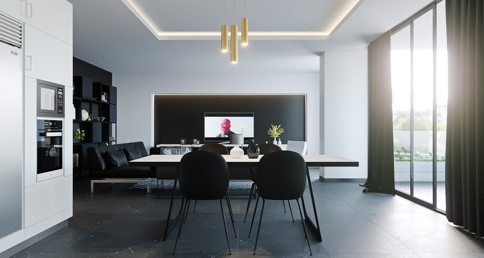 Tower Cascades - The dining volume in daylight: the same table and chairs, built-in ovens to the left, a red graphic on the screen wall and full-height glass to the terrace.