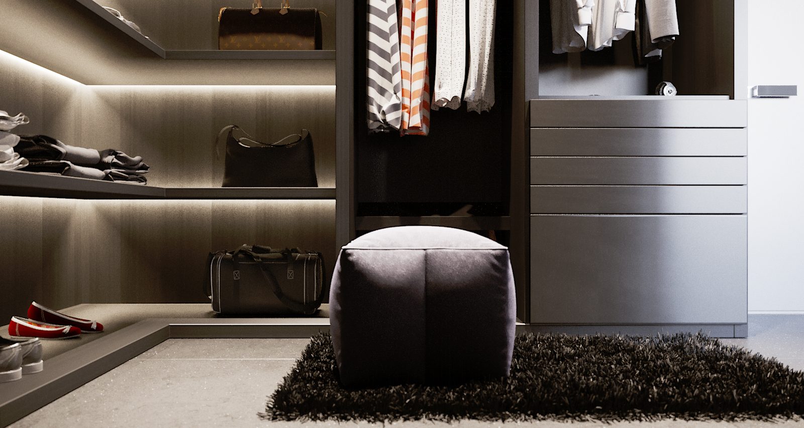 Tower Cascades - Walk-in wardrobe: lit shelves of folded linen and bags, hanging rails, a drawer bank and an ottoman on a fur rug.