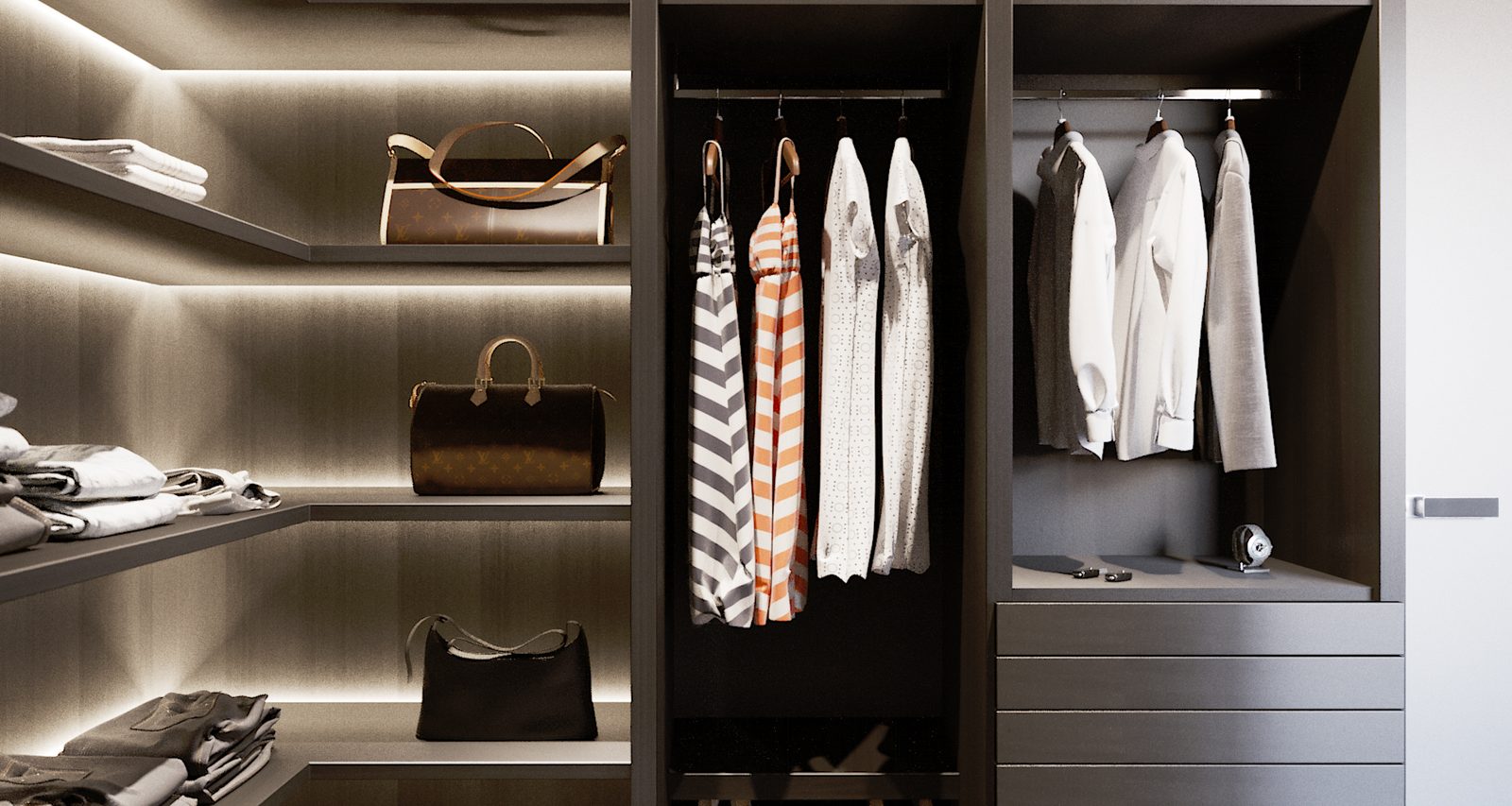 Tower Cascades - Wardrobe detail: a holdall and stacked towels on lit shelves, shirts hung on the rail below.