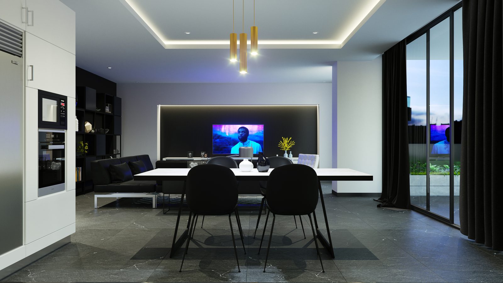 Tower Cascades - Dining and living volume at night: a long table with four black chairs under a cluster of amber pendants, a screen on the dark feature wall and floor-to-ceiling glazing onto a lit terrace.