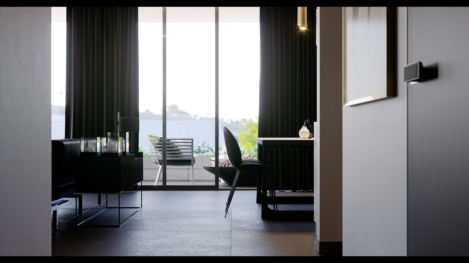 Tower Cascades - Dining corner by the terrace doors: a dark table and chair with water and a distant shoreline through the glass.