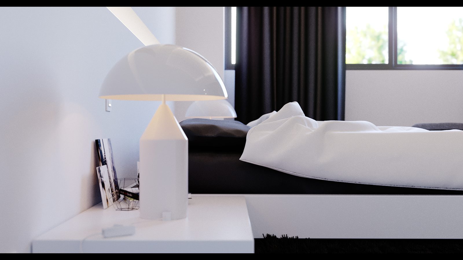 Tower Cascades - Bedside detail: a white dome lamp and a framed photograph on the nightstand, the made bed and dark curtains behind.