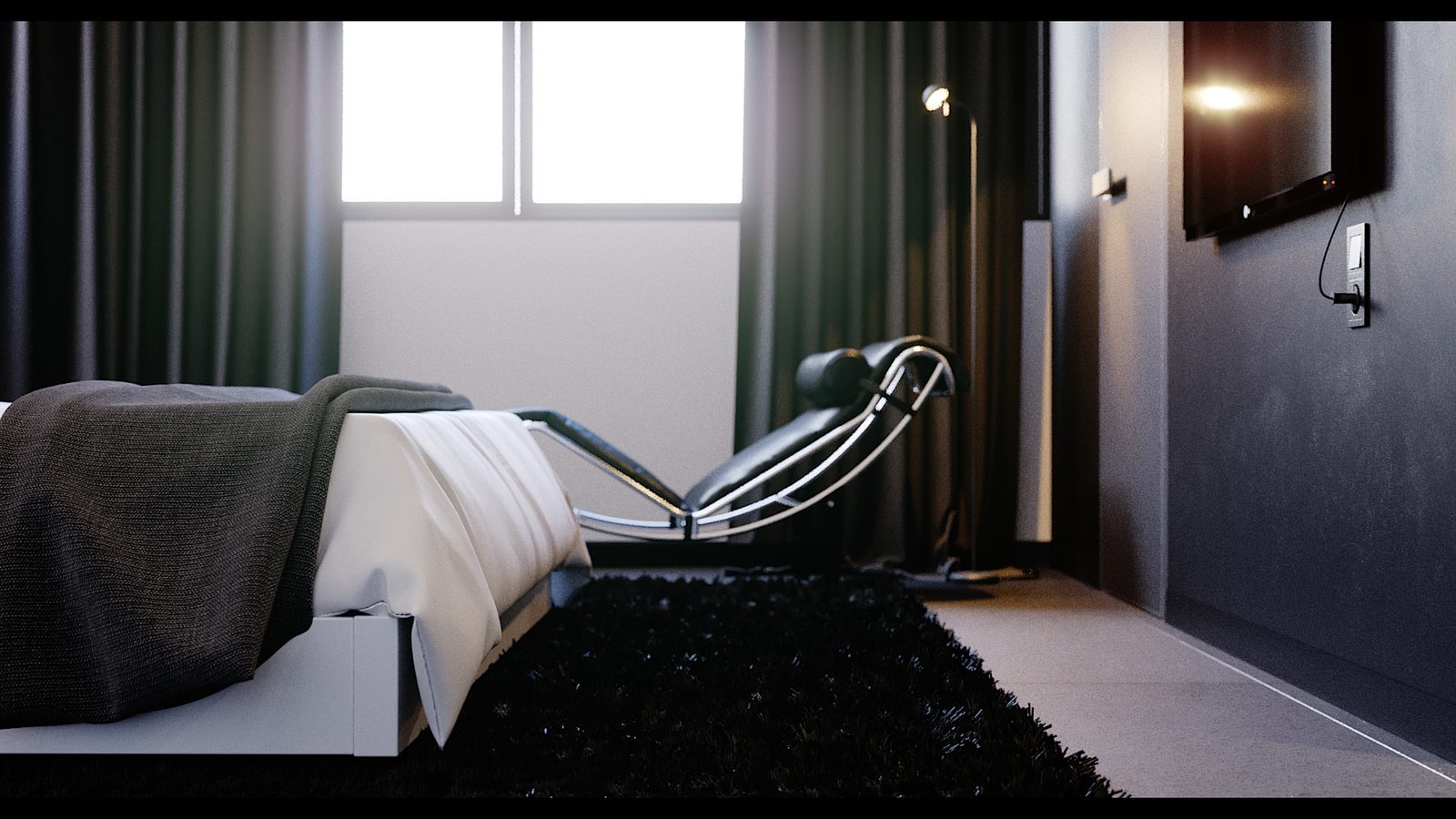 Tower Cascades - Bedroom from the foot of the bed: a grey throw over white linen, a metal-framed chaise at the window and black shag underfoot.