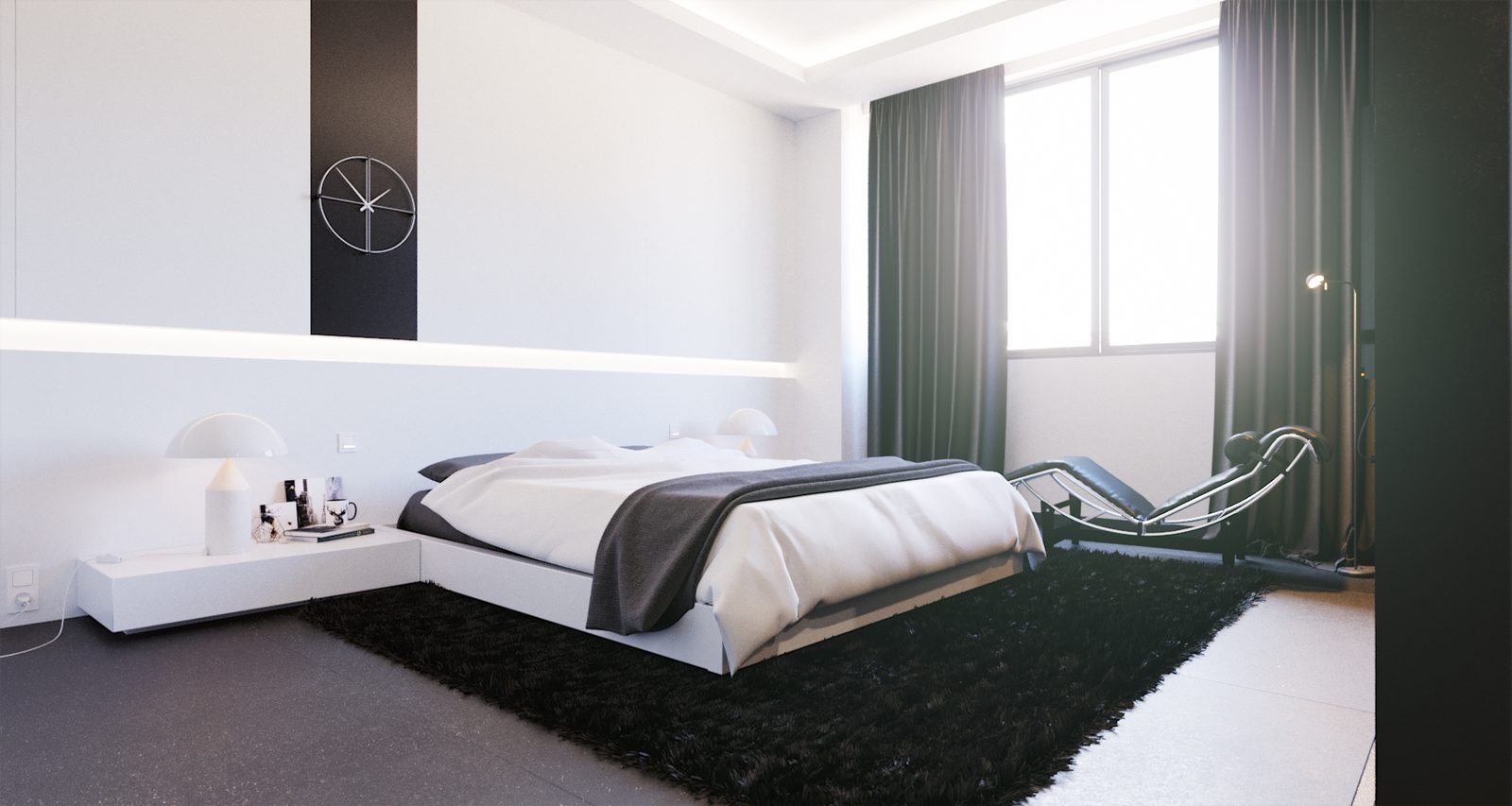 Tower Cascades - Principal bedroom in full: the platform bed on its black rug, the wall clock on the pale panel, a chaise at the window and a mirrored wall to the right.