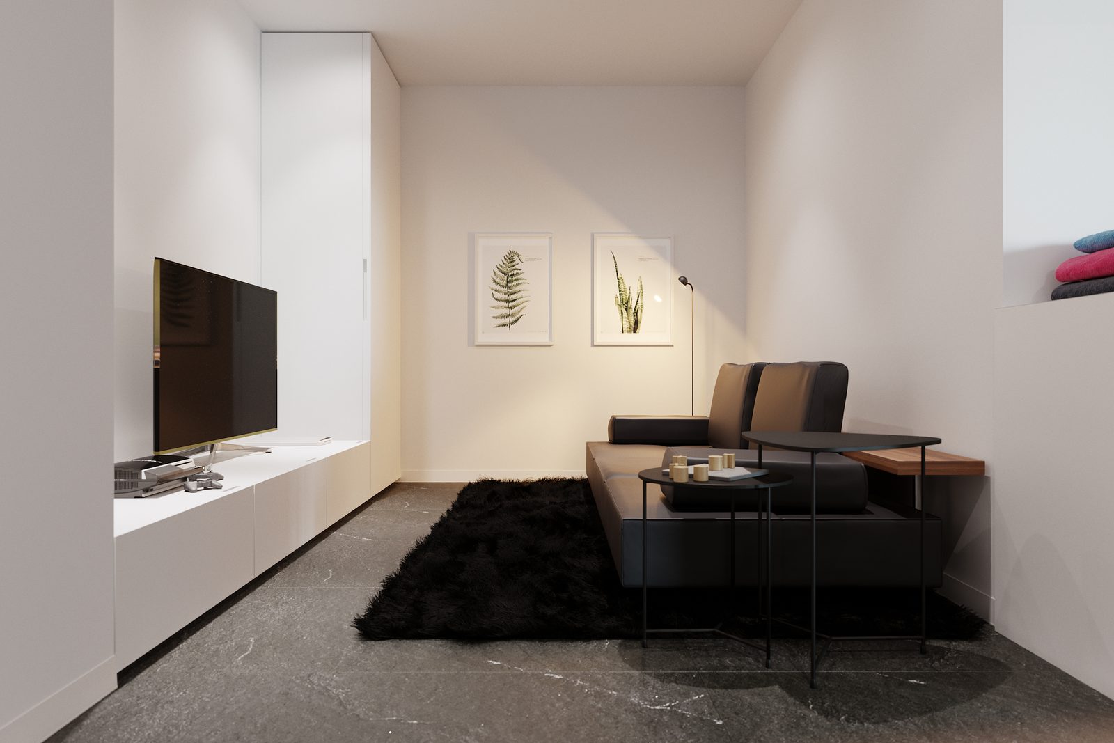 Tower Cascades - Media lounge: a black two-seater and side table on a fur rug facing a low white console and a wall-mounted television, two framed botanical prints on the pale wall above.