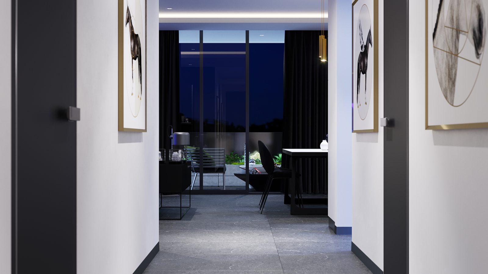 Tower Cascades - The same living and dining volume seen through a dark-painted doorway at night, the table and screen framed between the door leaves.