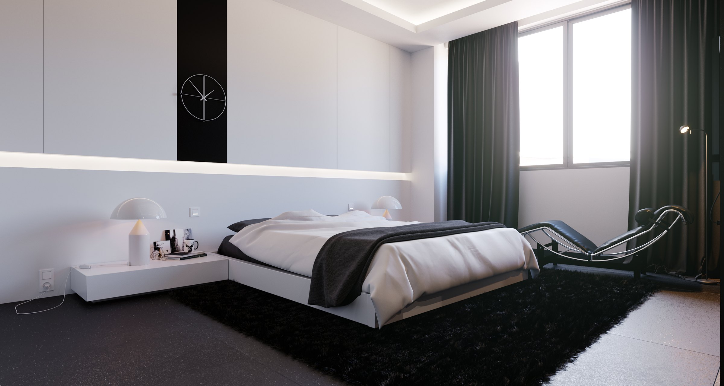 Tower Cascades - the principal bedroom: a low white platform bed on a black shag rug, a chaise at the window and a wall clock on the pale panel