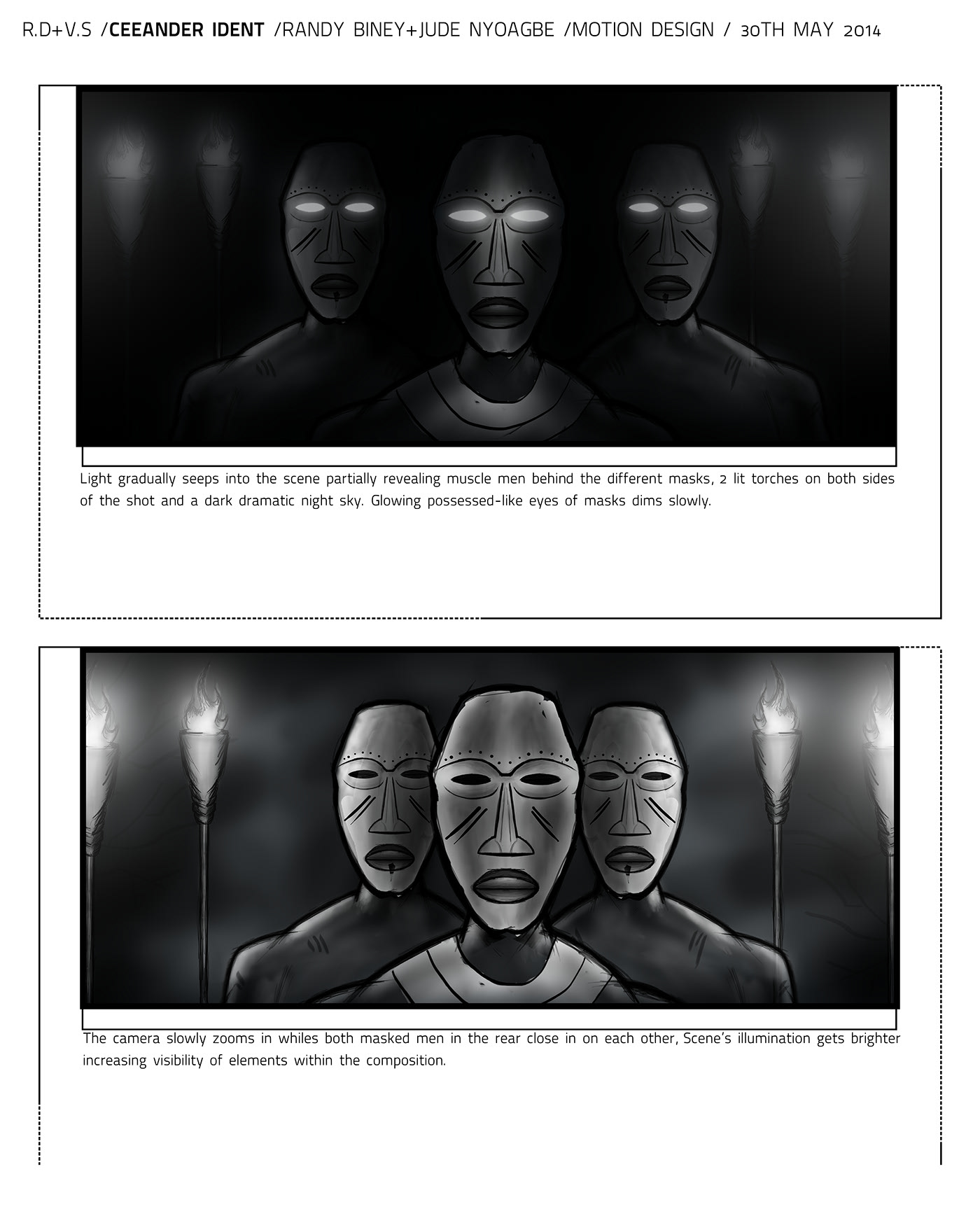 Ceeander Ident — storyboard: light seeps into the scene, revealing the masked men, two lit torches and a night sky