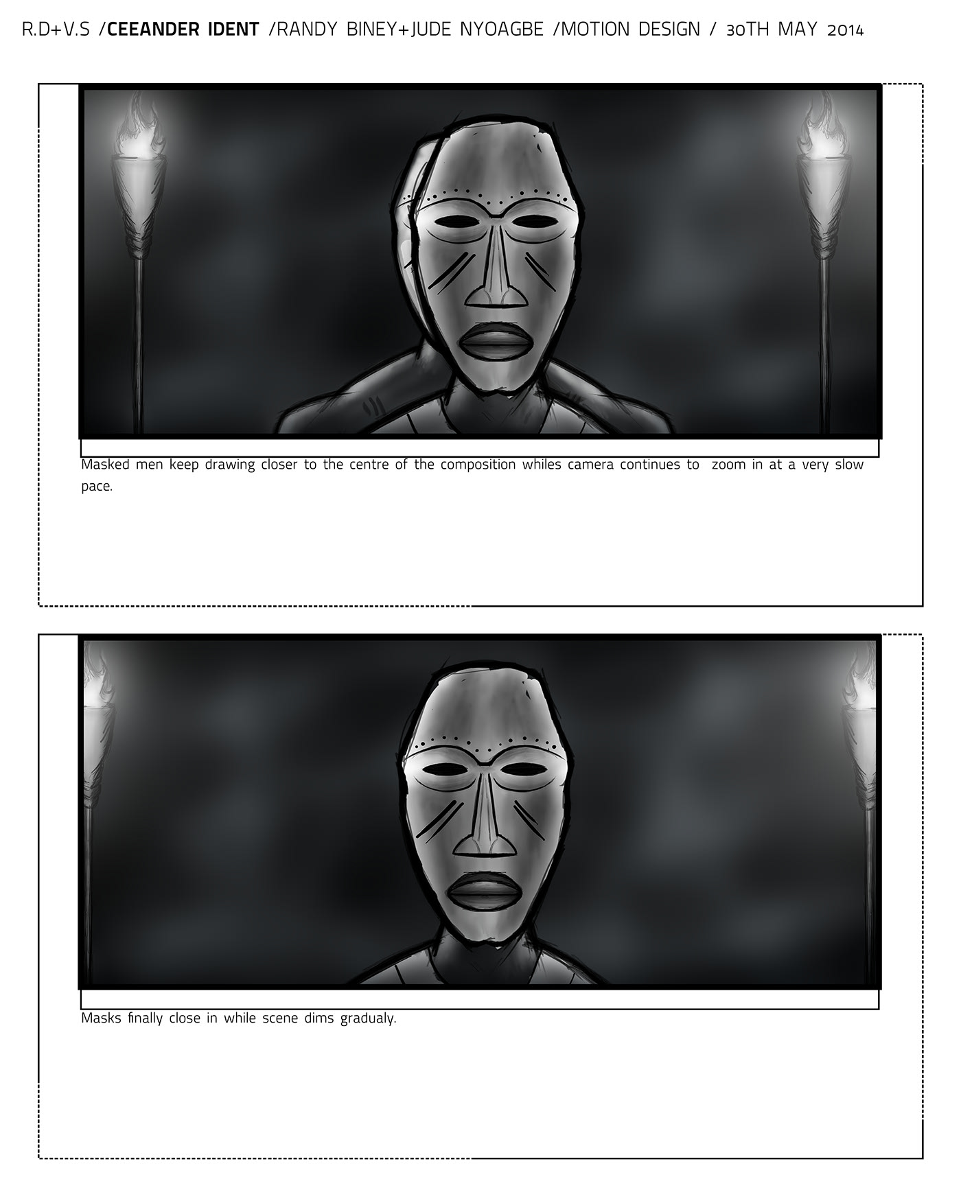 Ceeander Ident — storyboard: the masked men draw closer to the centre of the composition as the camera continues to zoom in