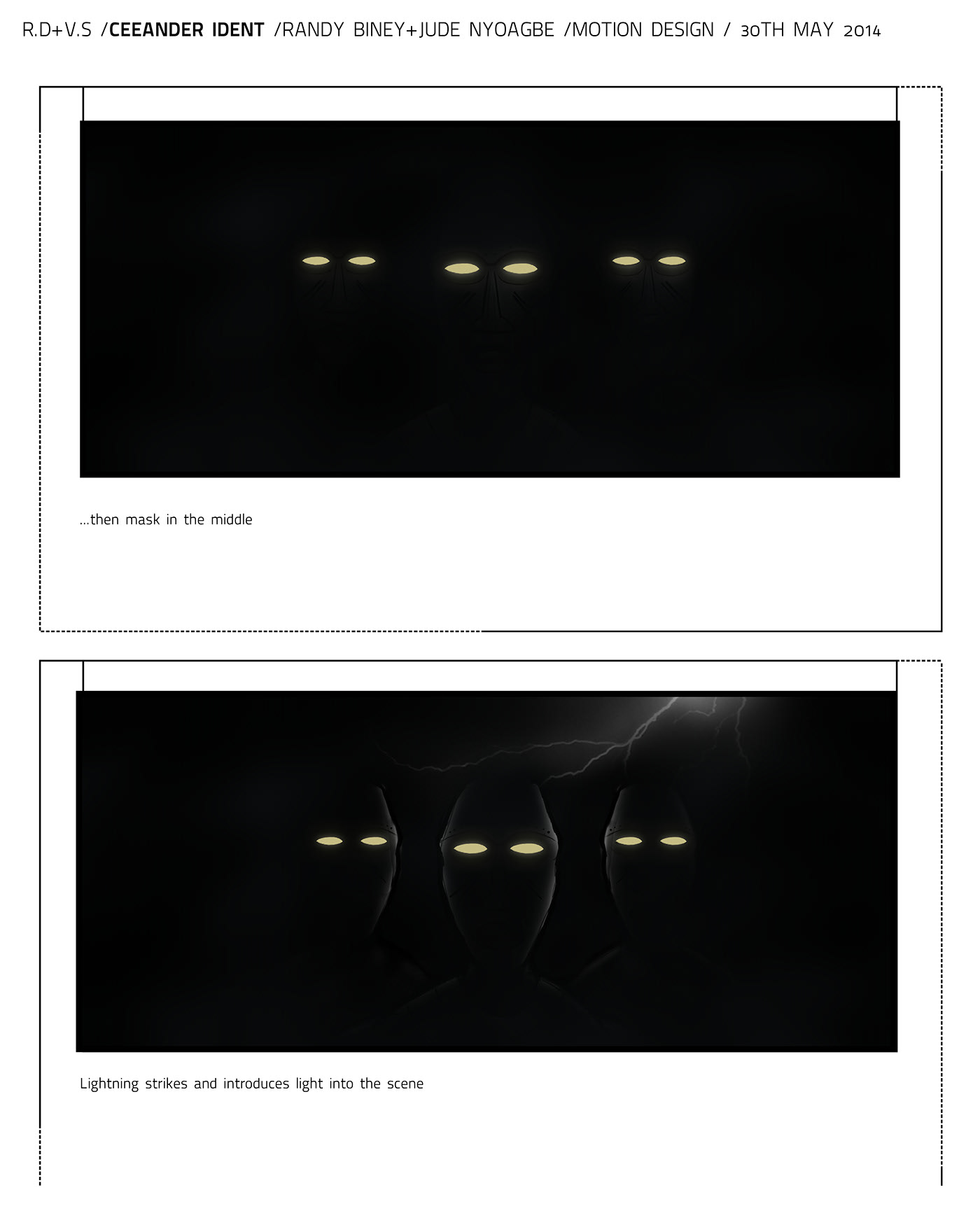 Ceeander Ident — storyboard: the middle mask resolves, then lightning strikes and introduces light into the scene