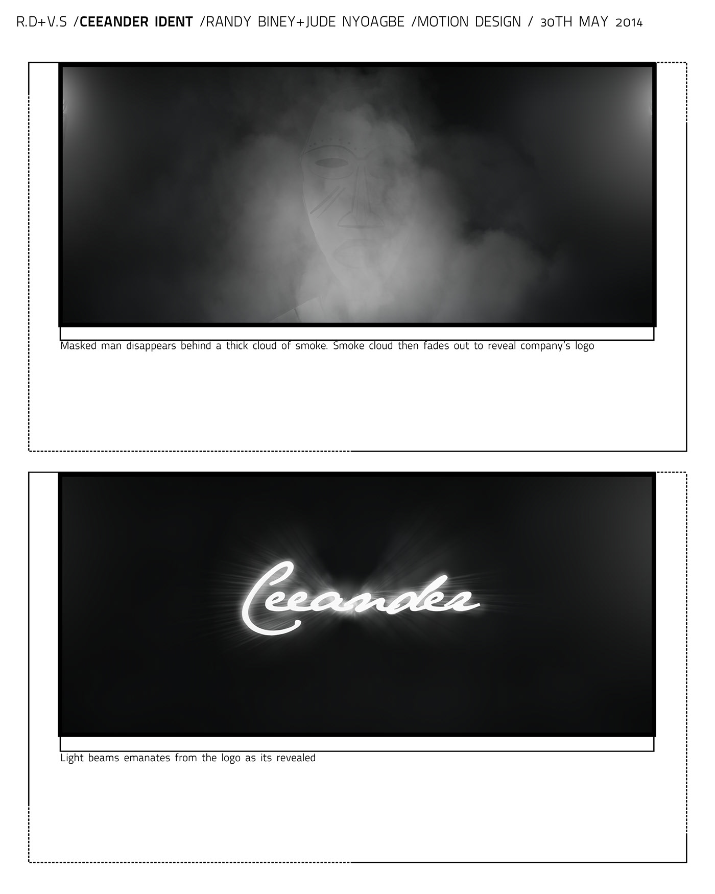 Ceeander Ident — storyboard: the masked man disappears behind smoke, which fades out to reveal the company's logo