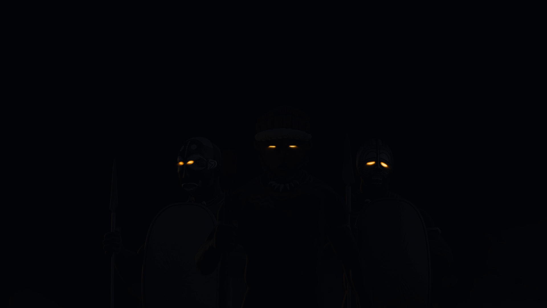 Ceeander Ident — the masks' eyes glow in near darkness before the torchlight arrives