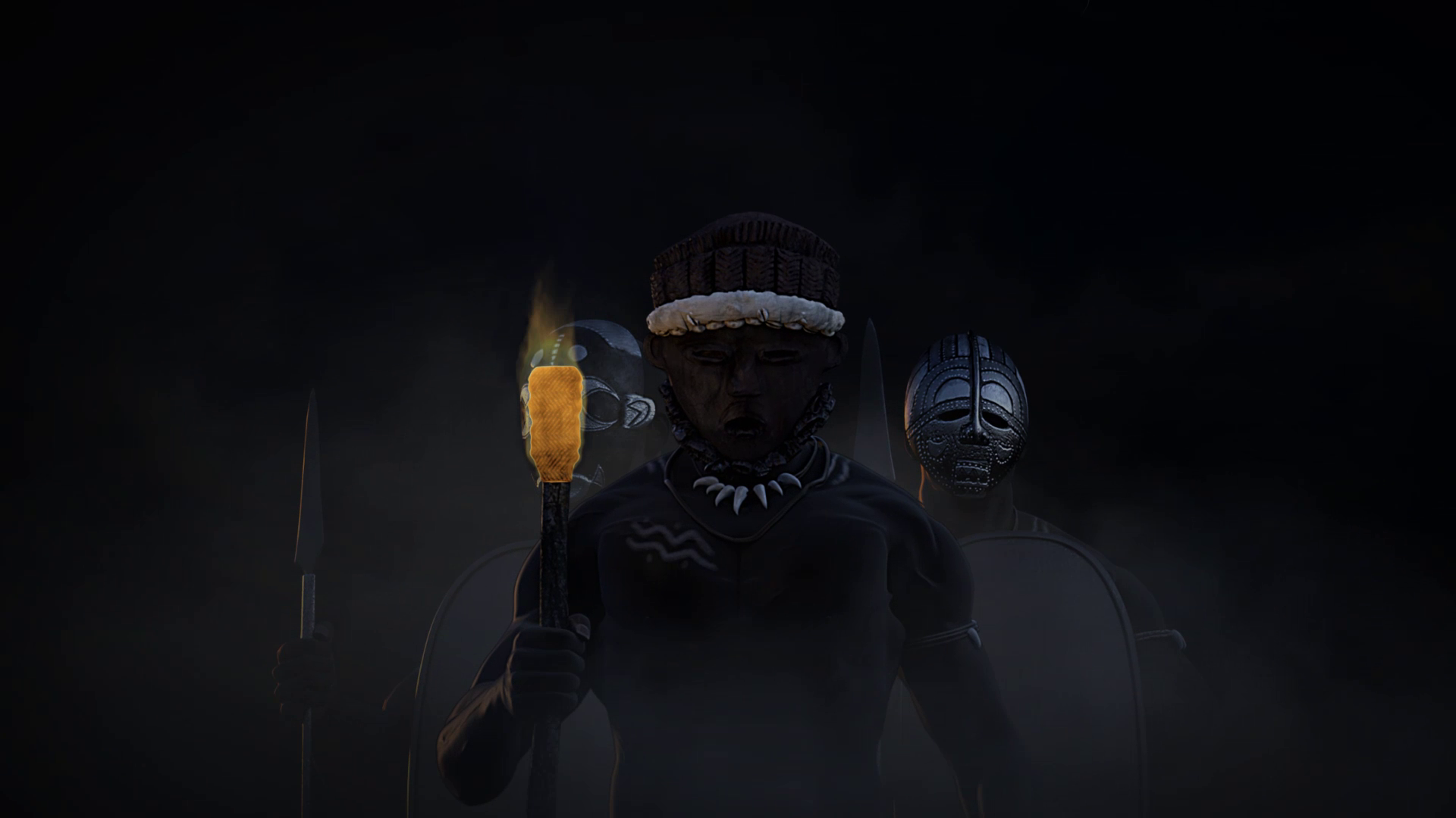 Ceeander Ident — three masked figures held in torchlight, the centre figure raising the torch