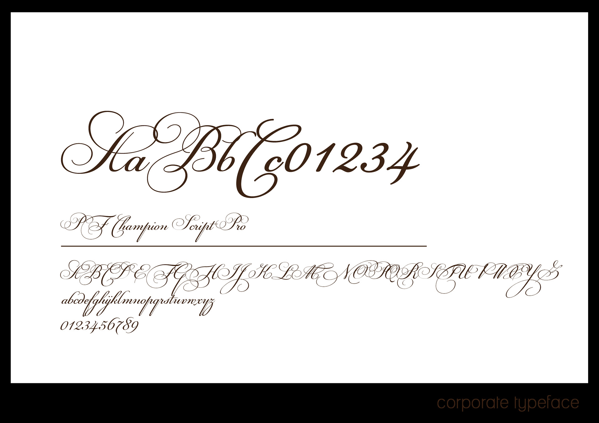 Chocolate corporate typeface specimen showing script alphabet and numerals