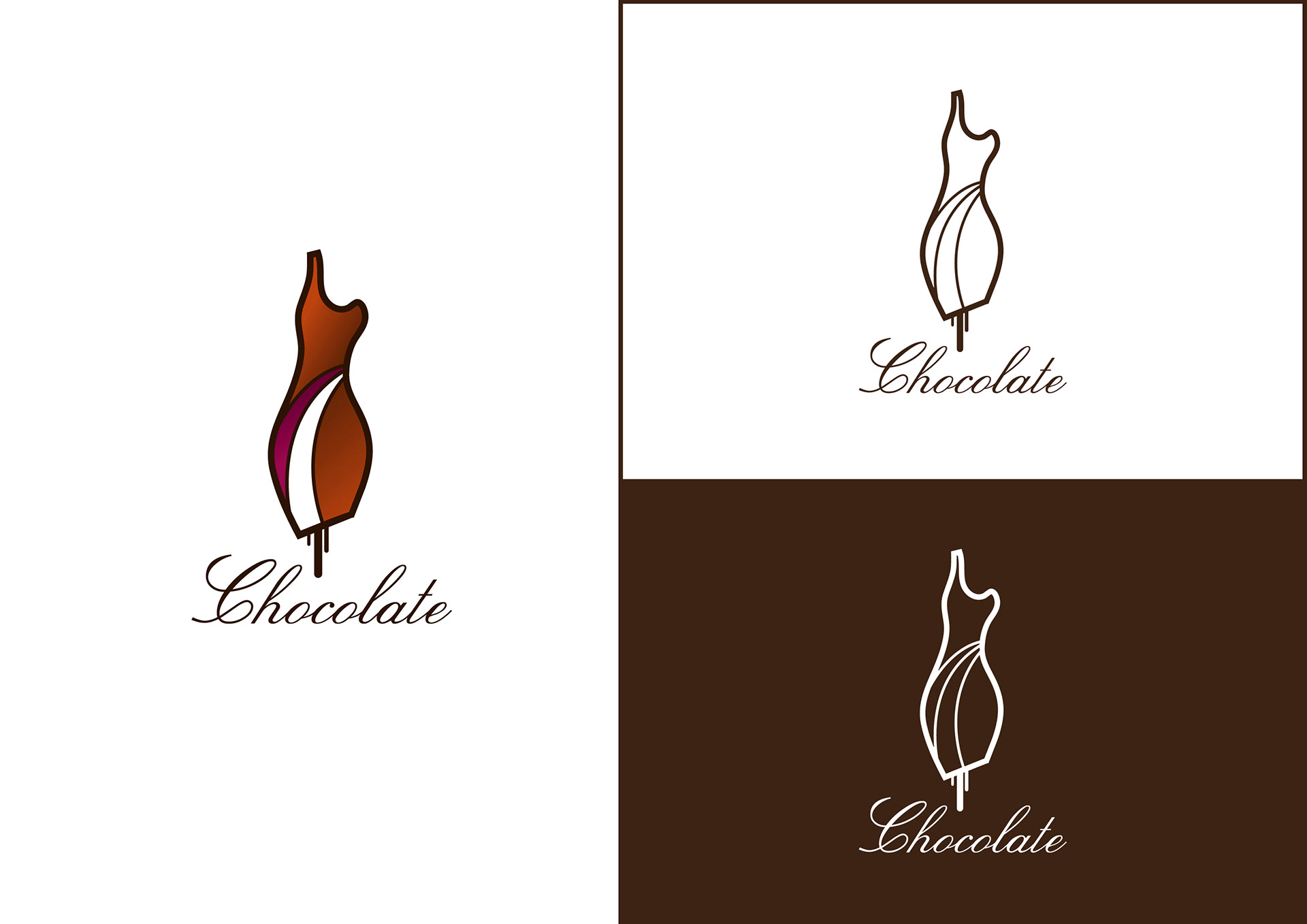 Chocolate primary logotype in colour, and reversed on white and brown