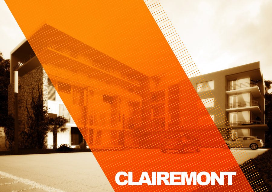 Brochure cover: sepia render of a modern apartment block behind a bold orange diagonal band with halftone dot texture, the white CLAIREMONT wordmark set low right against the stripe.