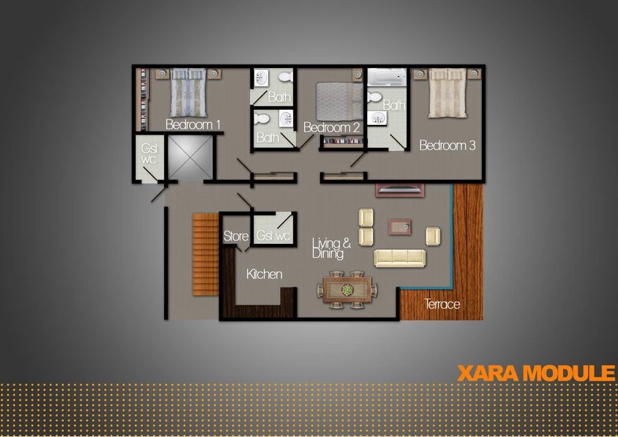 Furnished floor plan titled XARA MODULE: three bedrooms, living and dining room, kitchen, store and terrace laid out in warm wood tones with red and gray furniture symbols on a gray gradient ground.