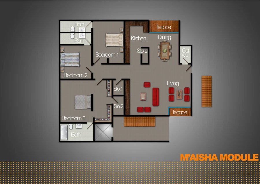 Furnished floor plan titled MAISHA MODULE: three bedrooms off a central living room with red seating, kitchen, dining, store, washrooms and a terrace, set on a gray field with an orange dotted base band.