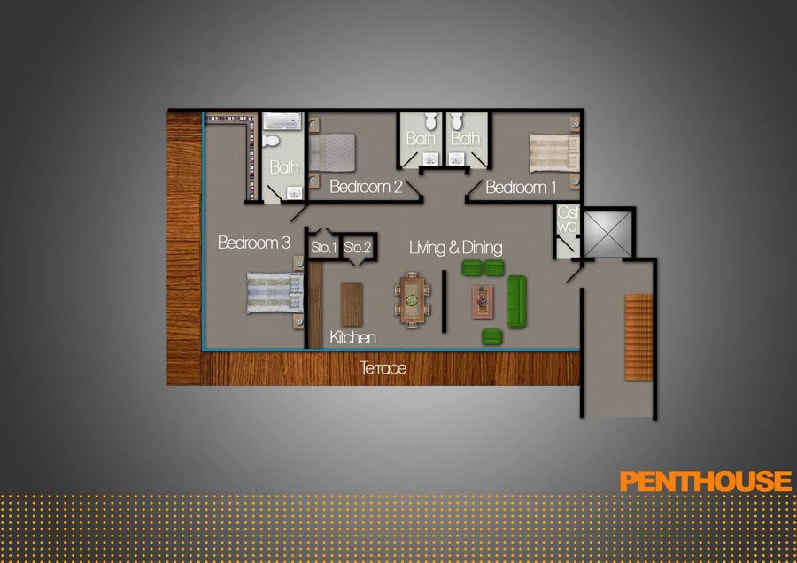Furnished floor plan titled PENTHOUSE: three bedrooms, a combined living and dining area with green seating, kitchen, store and wraparound terrace, drawn in wood tones on the same gray gradient background.