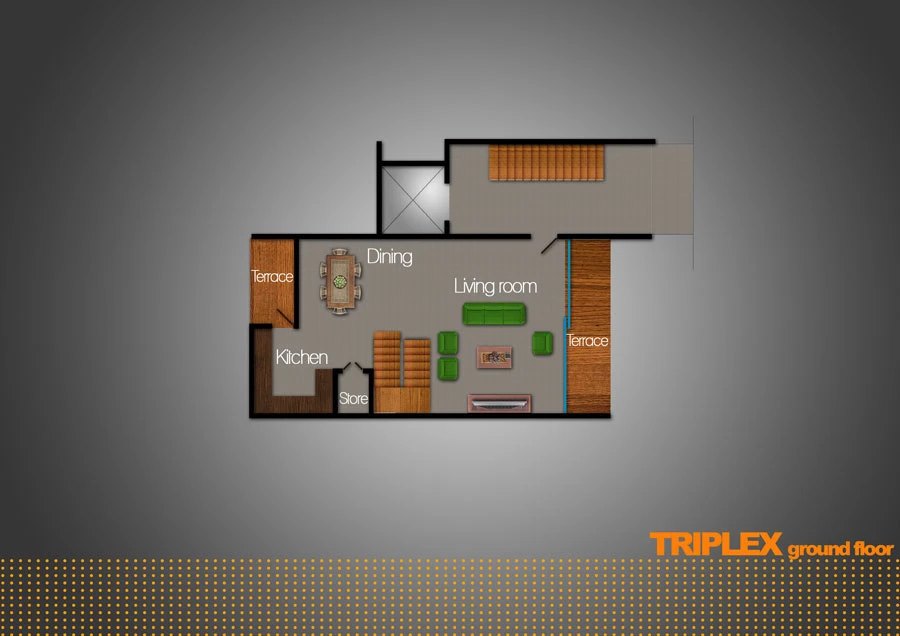 Floor plan titled TRIPLEX ground floor: open-plan living room and dining space with green seating, kitchen, store and terrace, with the orange TRIPLEX label anchored on a dotted band below.