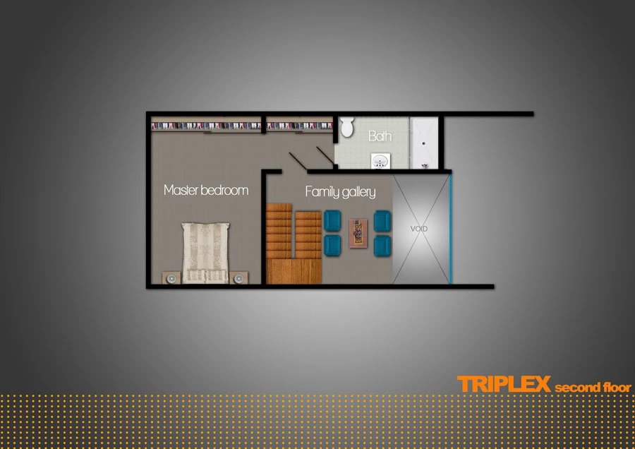 Floor plan titled TRIPLEX second floor: master bedroom with bed symbols, a family gallery space with blue seating, washroom and stair core, again on the gray gradient with the orange TRIPLEX caption.