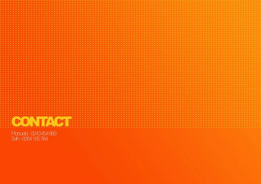 Contact page: full orange spread with a dot gradient and the heading CONTACT above two small lines of mobile and office phone numbers, kept as quiet as the rest of the minimal back matter.