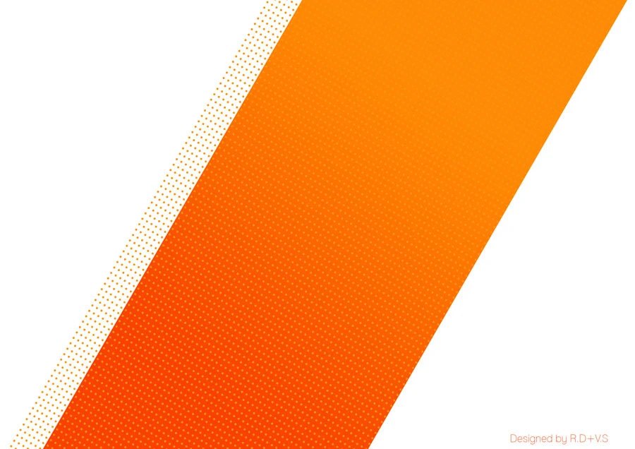 Back cover: white field cut by a single broad orange diagonal stripe with a dotted edge, the words Designed by R.D.V.S in small type at the lower right corner.