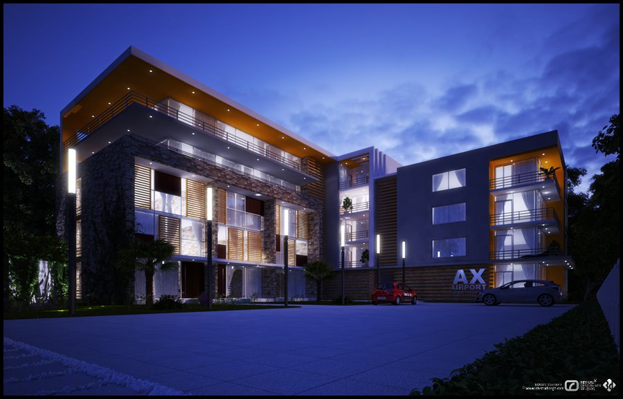 Dusk exterior render of the same building in full colour: warm light from every window and a deep ochre underside to the roof overhang, a lit AX AIRPORT APARTMENTS sign on the right wing, a red car and a silver car on the paved forecourt, bollard lamps and young palms along the lawn, under a heavy blue evening sky.