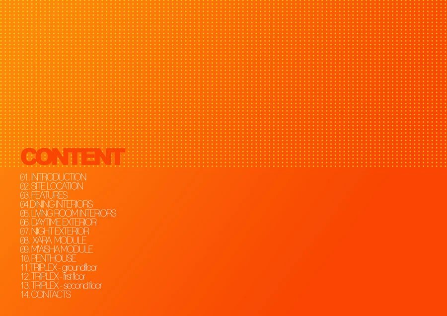 Contents page: full orange spread with a fine dot gradient, a large CONTENT heading, and a single column listing sections from Introduction, Site Location and Features through the apartment modules to Contact.
