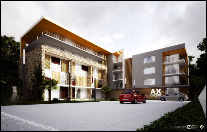 The same camera by day: an overcast grey sky replaces the dusk and the reading is all structure — stone-clad ground floor, timber louvre screens backed with dark red panels, the ochre soffit, and the AX sign on the right wing between the same two cars.