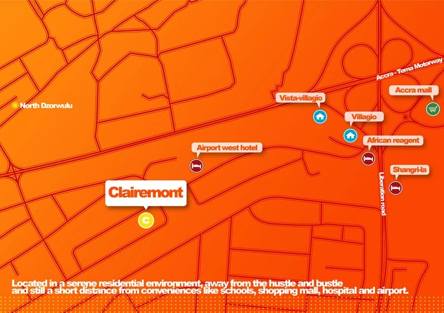 Site location map: flat orange street diagram naming North Dzorwulu, Airport West hostel, Accra Mall and the Accra-Tema Motorway, with a Clairemont pin and a caption on the serene setting near schools, mall, hospital and airport.
