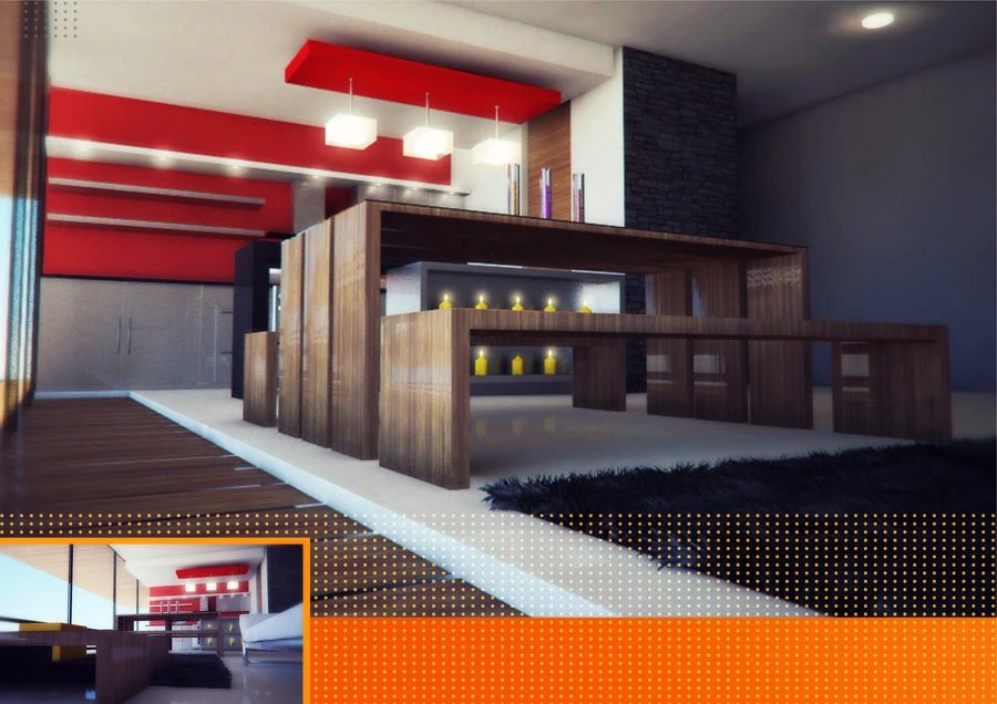 Amenity render: wood-paneled bar counter under a red ceiling bulkhead with pendant lights, dark flooring and a black rug, framed by an orange band and dot pattern along the lower edge.