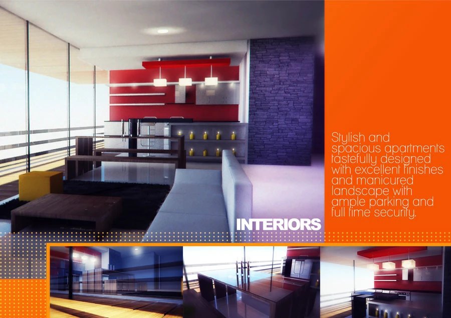 Interiors page: lounge render with red slatted feature wall and purple stone column beside an orange text panel reading INTERIORS, describing stylish spacious apartments with excellent finishes, ample parking and full time security.