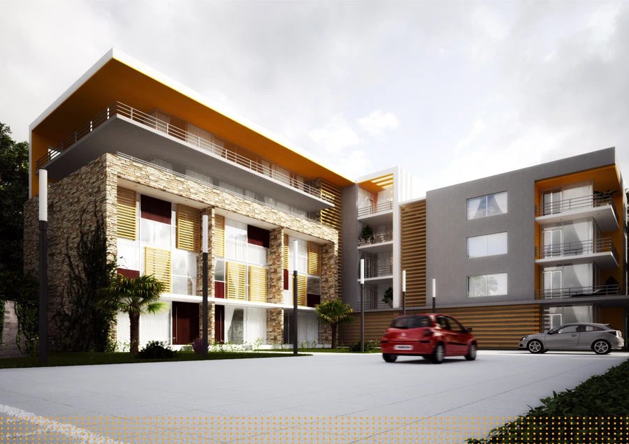 Exterior render, daytime: three-story apartment blocks with stone cladding, timber screen panels and balconies around a parking court, two cars parked on the paving under an overcast sky.